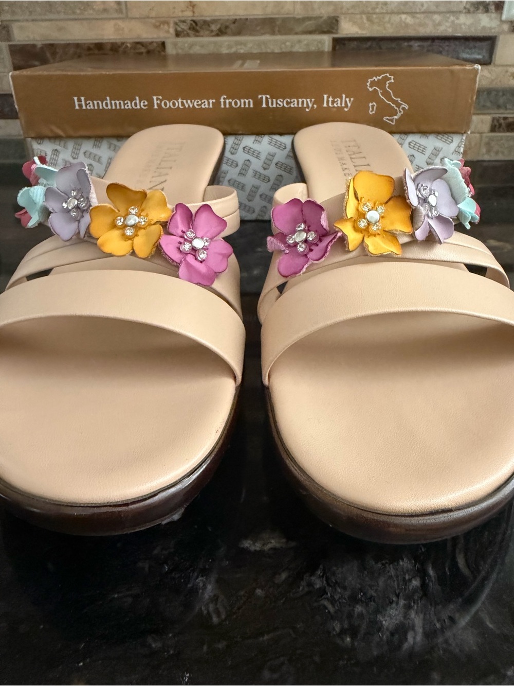 Italian Shoemakers Nude Slide Wedge Sandals with Multicolor Floral Appliqués - Picture 4 of 11